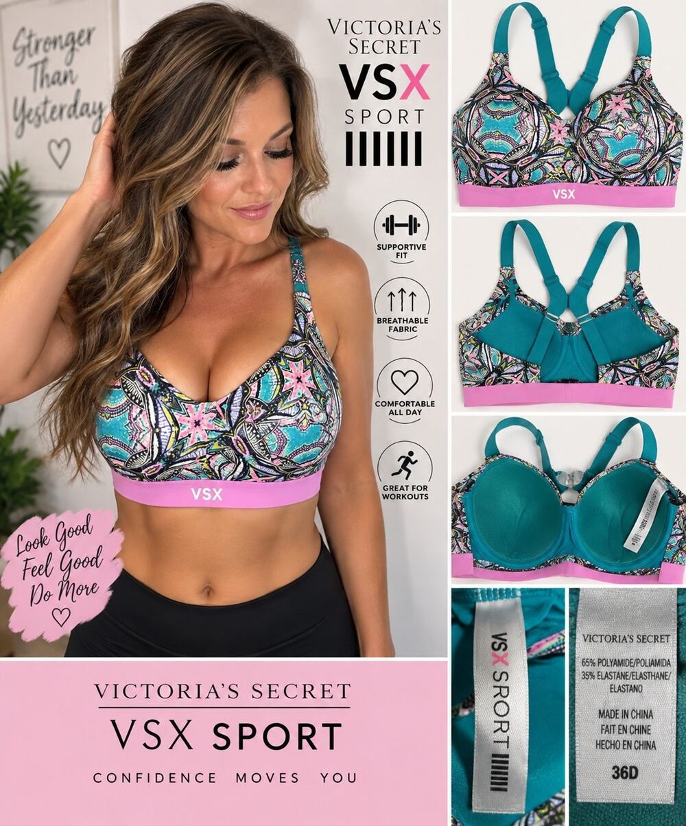 Victoria’s Secret VSX Sport Bra 36D Teal Pink Multicolor Padded Underwire
